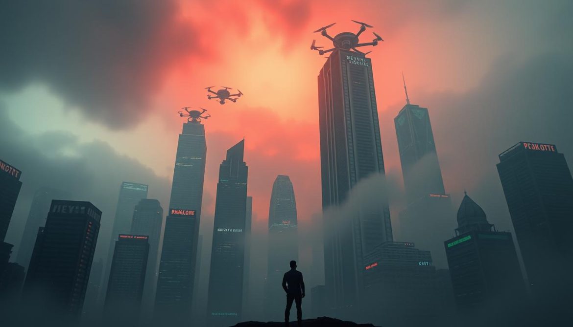 A dystopian cityscape shrouded in digital fog, towering skyscrapers topped with ominous robotic surveillance drones. In the foreground, a lone figure standing amidst the chaos, gazing upwards with a mixture of awe and trepidation, as if confronting the looming threats of an AI-dominated future. The sky is darkened by an eerie, red-tinged glow, casting an ominous pall over the scene. Glimpses of advanced technology, both alluring and ominous, are woven throughout the environment, hinting at the complex relationship between humans and artificial intelligence. The mood is one of unease, uncertainty, and the unsettling realization that the risks of AI may be greater than its promised rewards.
