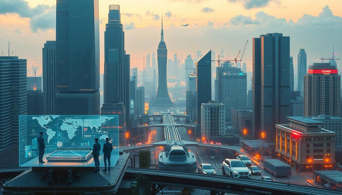 A futuristic cityscape with towering skyscrapers and gleaming, automated infrastructure. In the foreground, holographic displays showcase AI-driven work interfaces, with people seamlessly collaborating across virtual spaces. The middle ground features advanced robotics and autonomous vehicles, highlighting the integration of technology into everyday work processes. In the background, a vibrant skyline with a vibrant, neon-tinged color palette conveys a sense of progress and innovation. The scene is bathed in a warm, diffused lighting, creating a dreamlike, aspirational atmosphere that captures the boundless potential of the future of work.