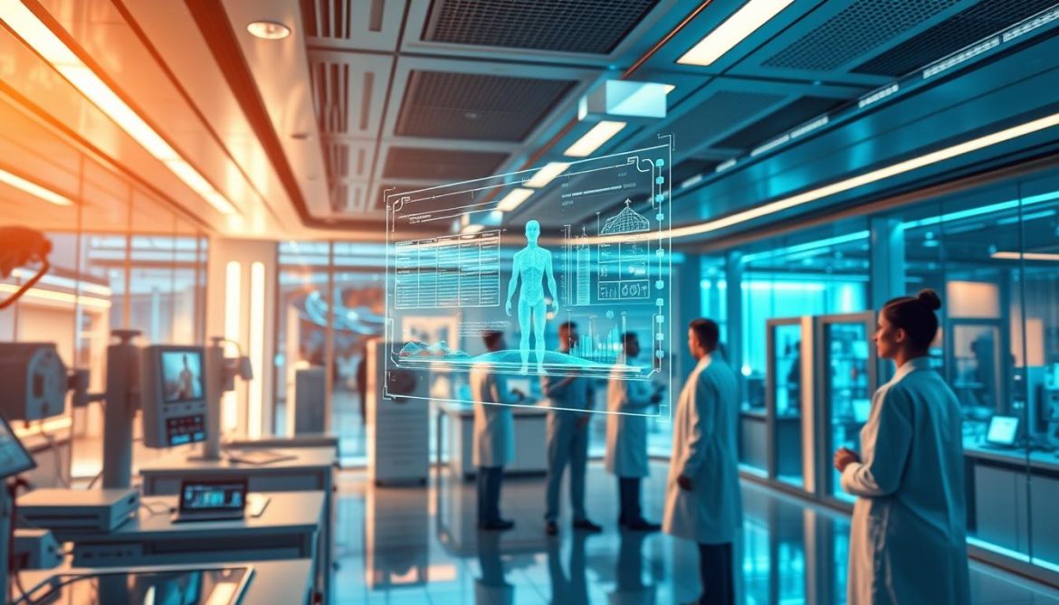 A futuristic medical lab filled with advanced AI-powered diagnostic equipment. In the foreground, a hovering holographic display showcases real-time patient data. In the middle ground, a team of doctors and nurses collaborate, analyzing the information and discussing treatment options. The background reveals a panoramic view of a sleek, high-tech healthcare facility with gleaming glass walls and cutting-edge technology. Warm, directional lighting casts a soft glow, highlighting the seamless integration of AI and human expertise. The atmosphere exudes a sense of hope, innovation, and the transformative potential of AI in revolutionizing modern healthcare.