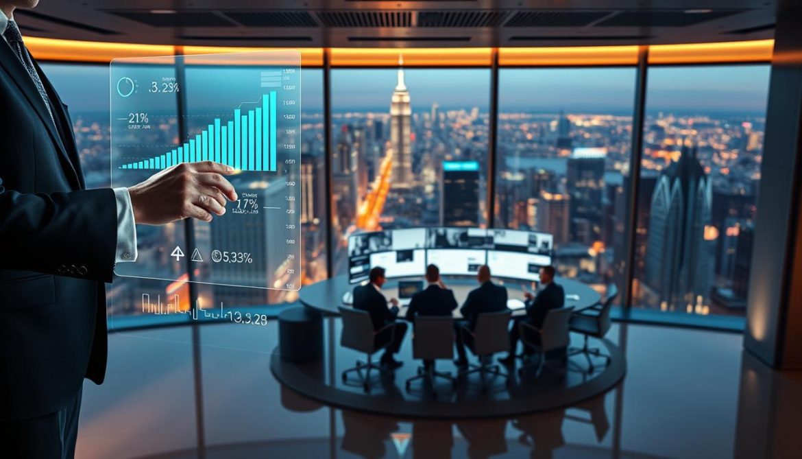 A sleek, modern office setting with an expansive view of a bustling cityscape. In the foreground, a semi-transparent holographic interface displays financial data and charts, manipulated by the hands of a business professional dressed in a sharp suit. The middle ground features a team of analysts collaborating around a curved table, their attention fixed on various AI-powered analytics dashboards. The background is illuminated by warm, indirect lighting, creating a sense of sophistication and technological prowess. The overall atmosphere conveys the seamless integration of artificial intelligence into the world of finance, enabling smarter, more informed investment decisions.