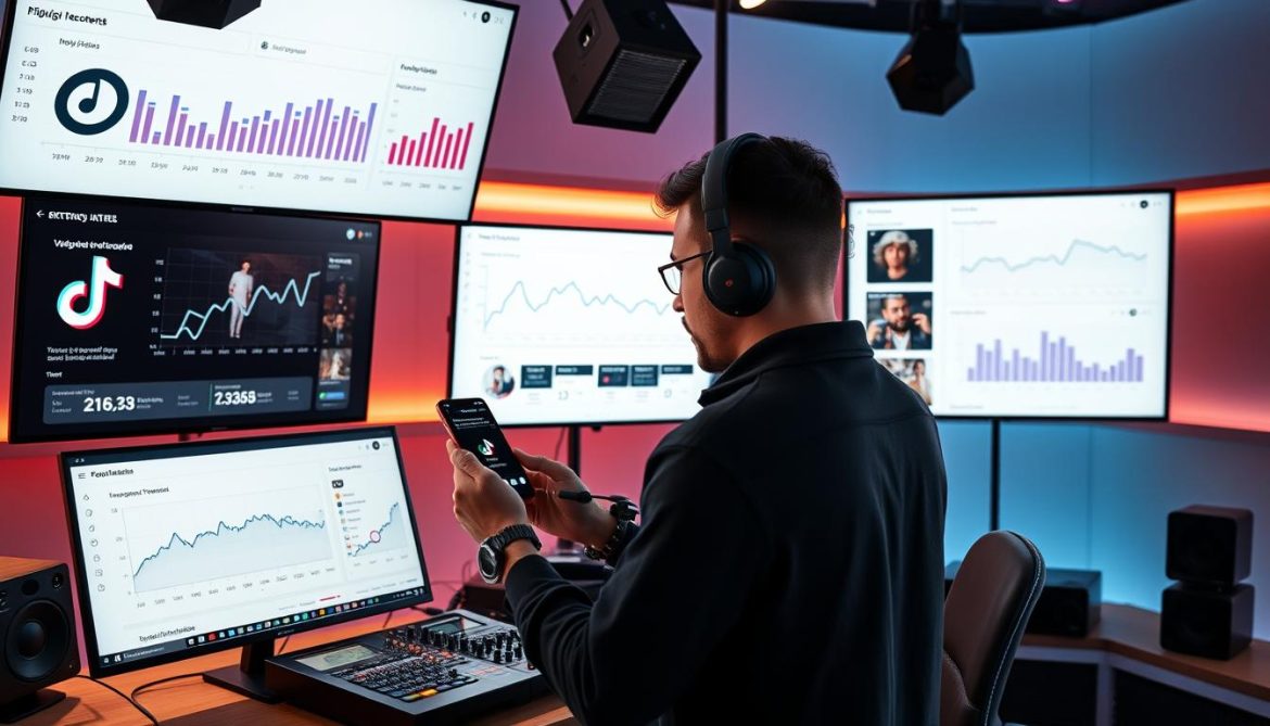 DJ creating content for social media platforms with analytics displays showing engagement metrics