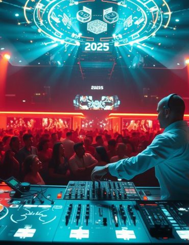 DJ performing with AI integration and augmented reality visuals at a futuristic club in 2025