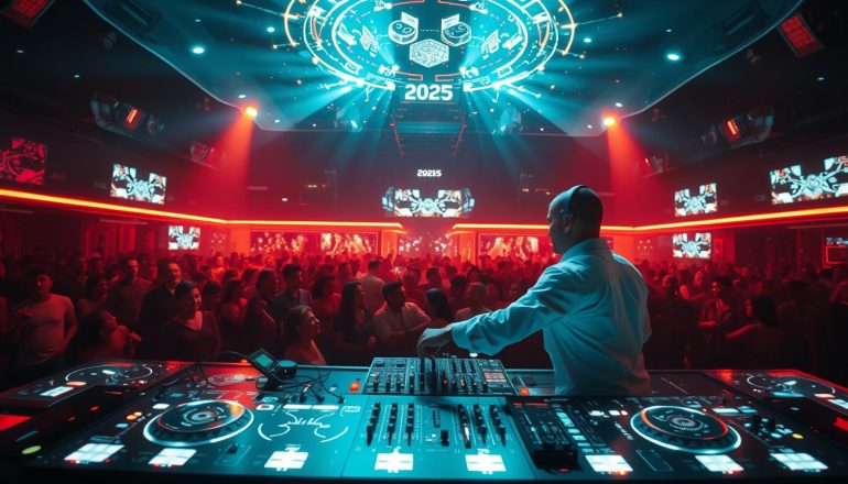 DJ performing with AI integration and augmented reality visuals at a futuristic club in 2025
