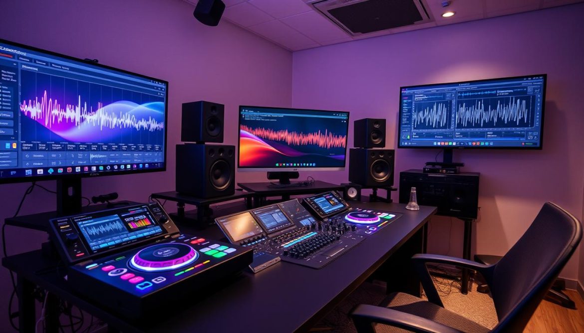 DJ studio setup with modern equipment including spatial audio controllers and AI mixing interfaces in 2025
