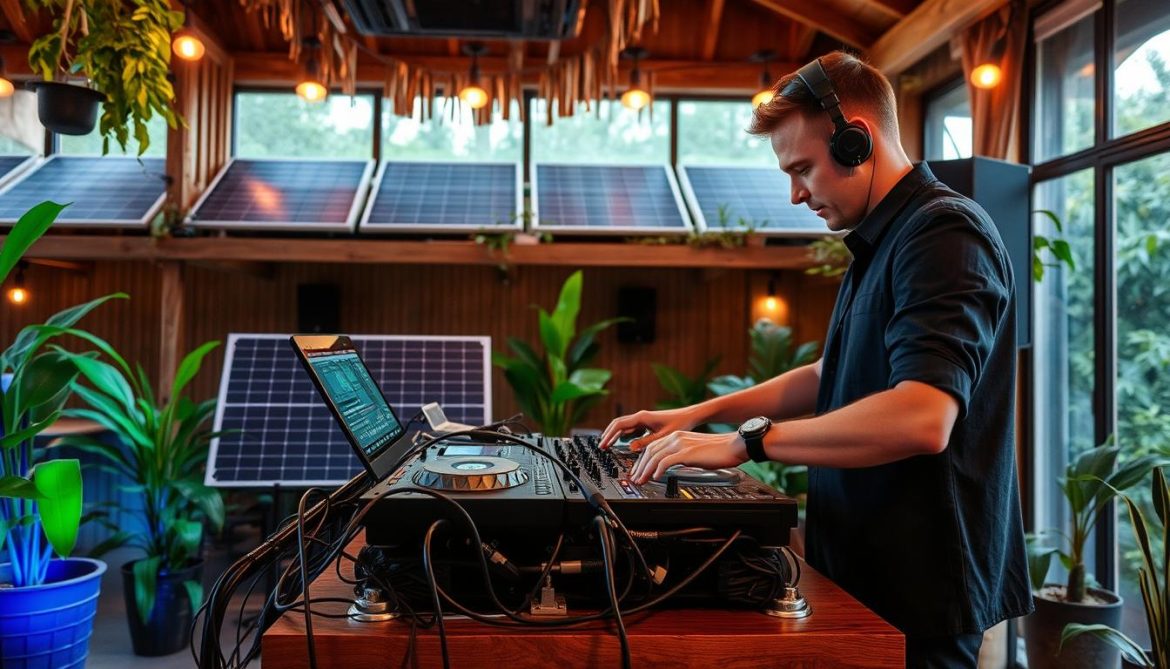 DJ using sustainable equipment and renewable energy sources at an eco-friendly venue