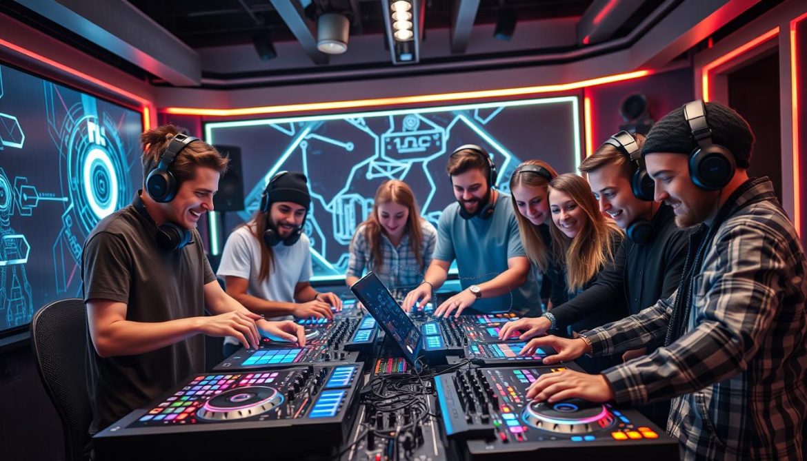 Diverse group of successful DJs collaborating in a futuristic studio environment