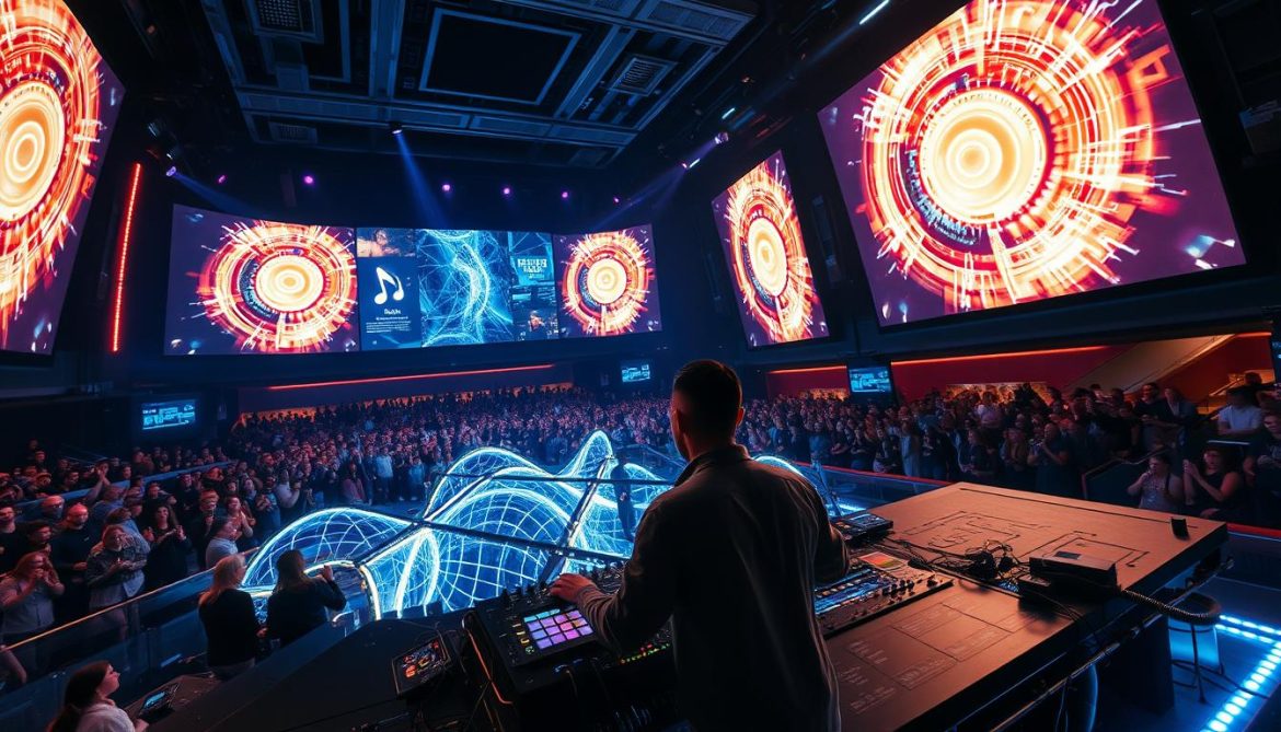Innovative DJ performance combining AI-generated visuals with live electronic music production