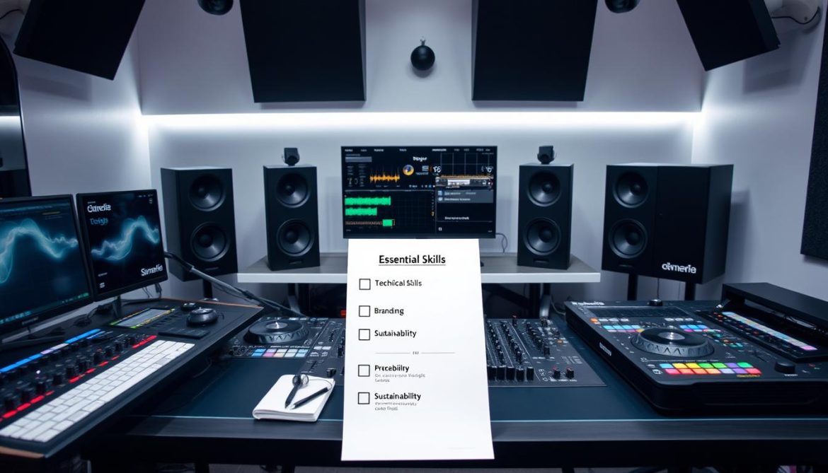 Organized DJ workspace with checklist of essential skills and equipment for 2025