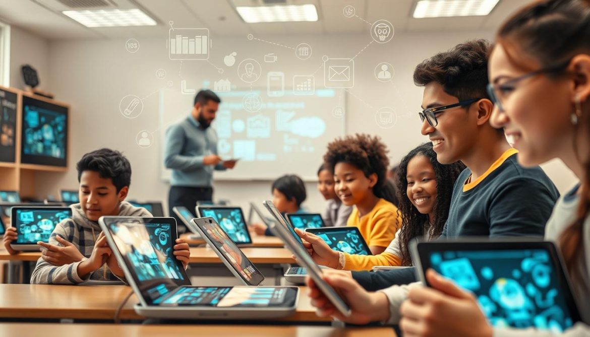Student using AI-powered educational tablet with personalized learning interface showing the future of AI in education