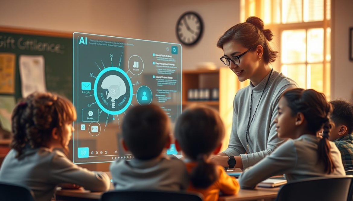 Teacher and AI assistant working together to support students showing balanced approach to future of AI in education