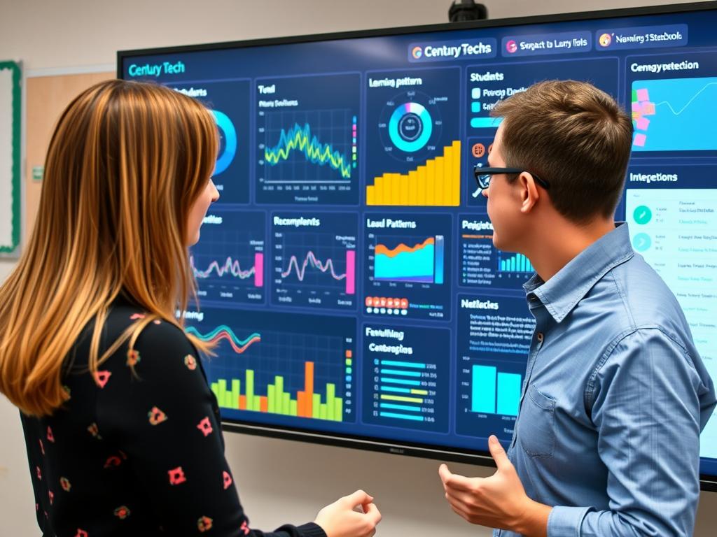 Teacher reviewing Century Tech's AI dashboard showing student learning patterns and future of AI in education