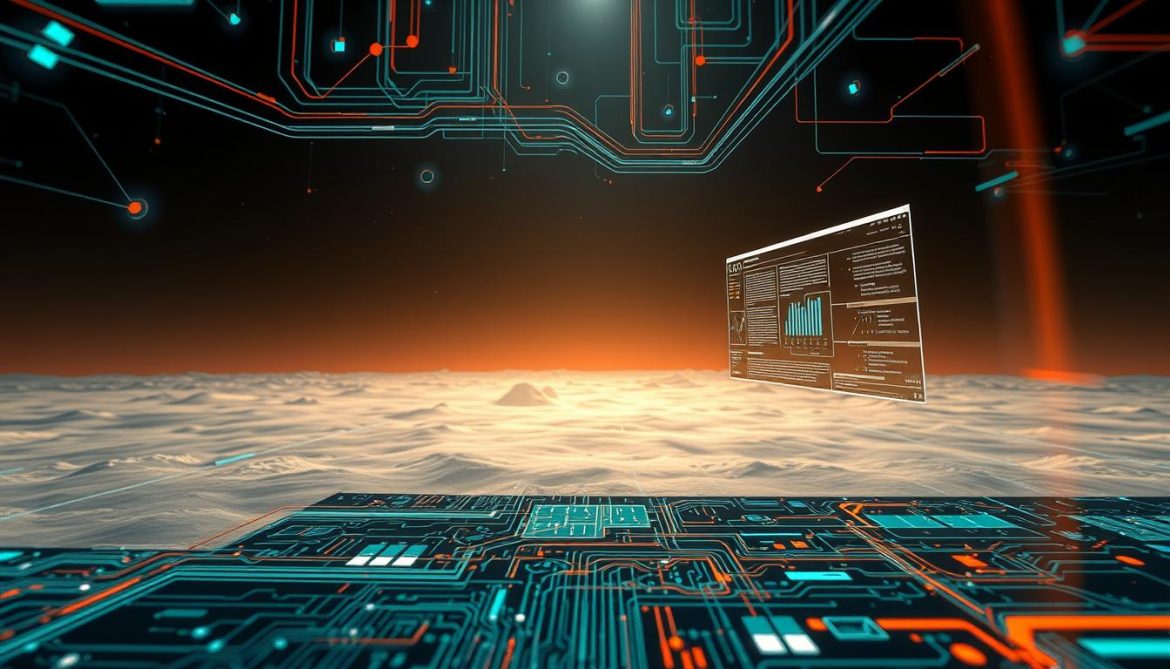 a highly detailed, photorealistic digital illustration of a computer program, viewed from a high angle with a dramatic lighting setup. The foreground features a complex network of lines, shapes, and colors representing the inner workings of the program, with a sense of depth and intricacy. The middle ground shows a futuristic, minimalist user interface with clean lines and glowing elements, suggesting the program's advanced capabilities. The background is a vast, open expanse with a sense of infinite possibility, conveying the potential of artificial intelligence to shape the future.