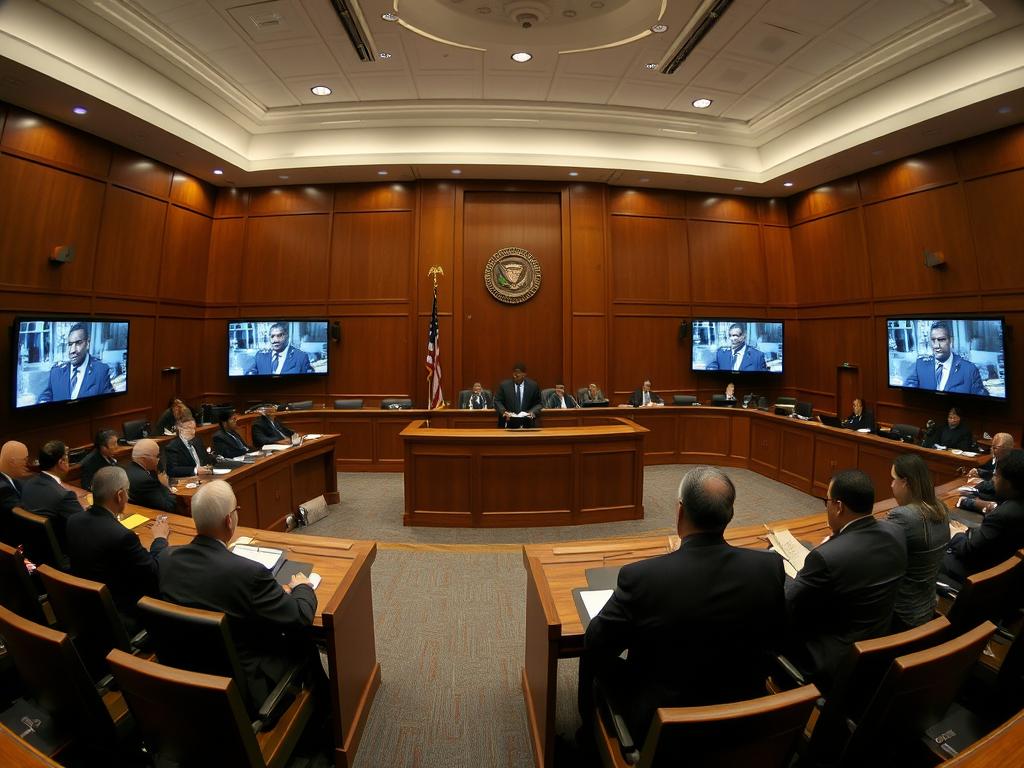 Diddy trial courtroom with prosecutors presenting evidence Diddy trial courtroom with prosecutors presenting evidence