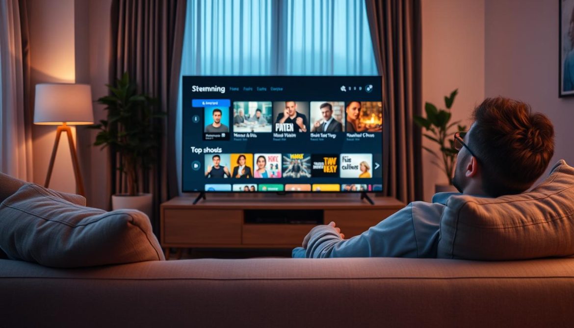 Person relaxing on couch watching top shows to watch on a large TV