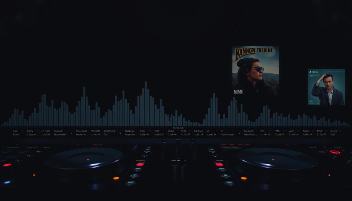 DJ mix visualizer showing waveforms and album artwork for a YouTube upload